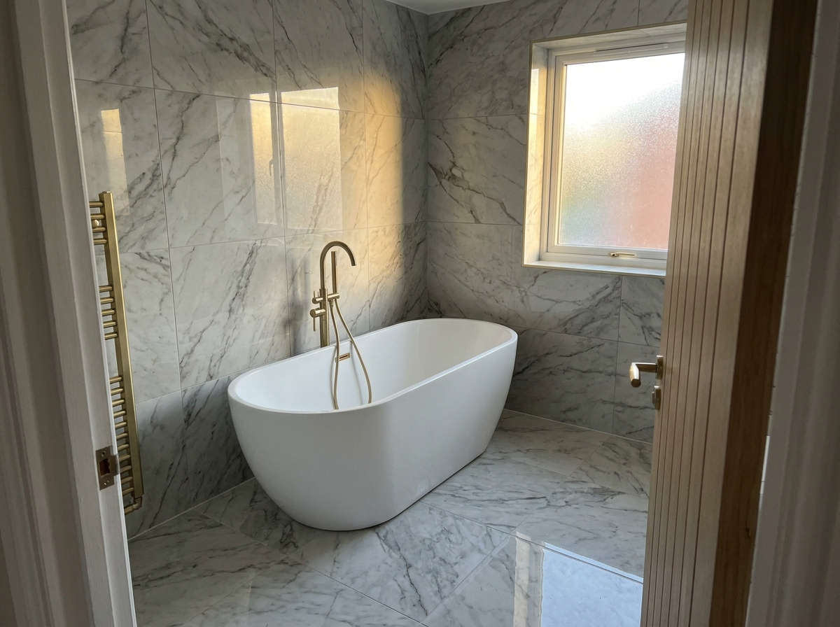 Luxury bathroom with freestanding bath and marble stone tiles — Mr E. Builders Birmingham