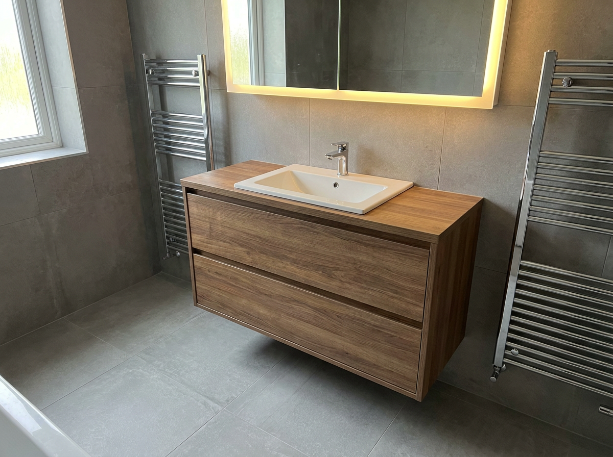 Modern bespoke vanity unit and walk-in shower fitted by Mr E. Builders Birmingham