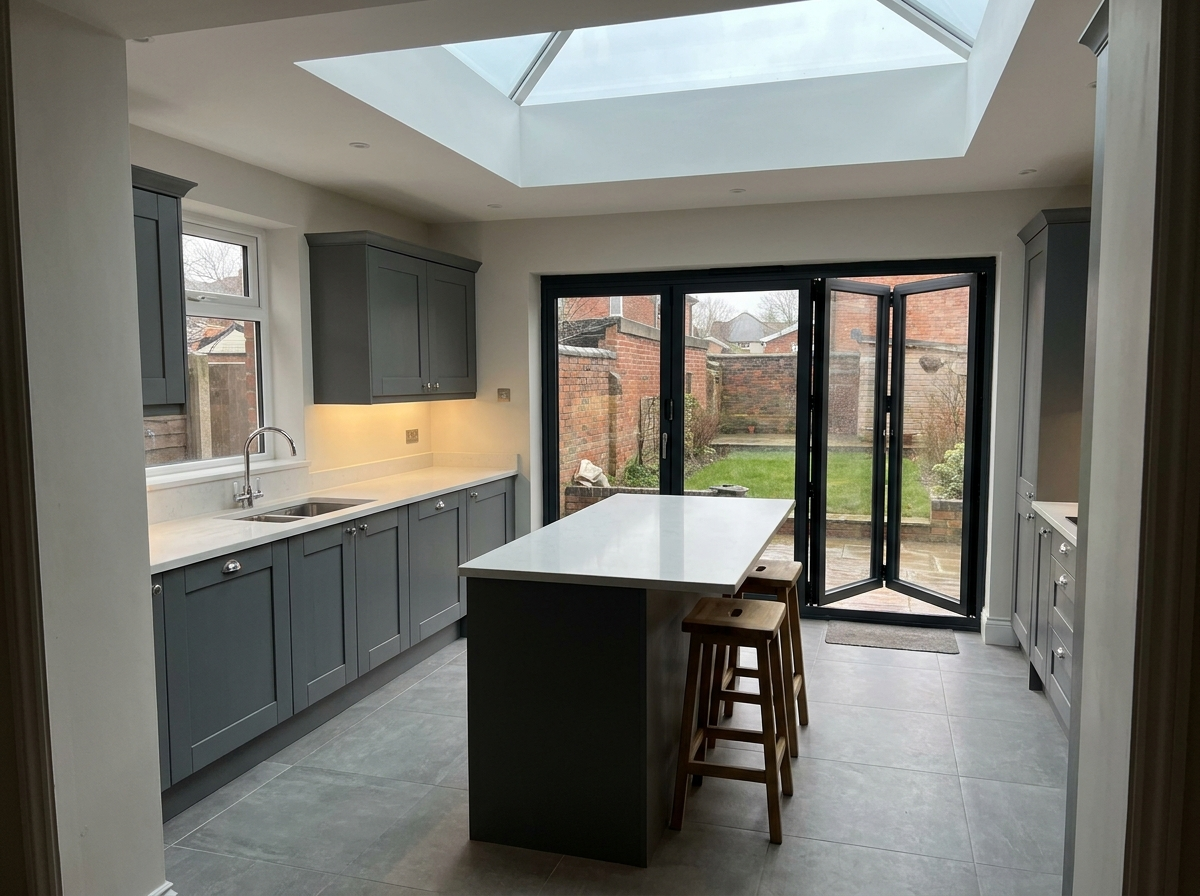 Open-plan kitchen extension with bi-fold doors and skylight Birmingham — Mr E. Builders